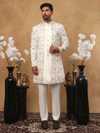 Men's Cream Multi-Color Floral Embroidered Indo Western Set