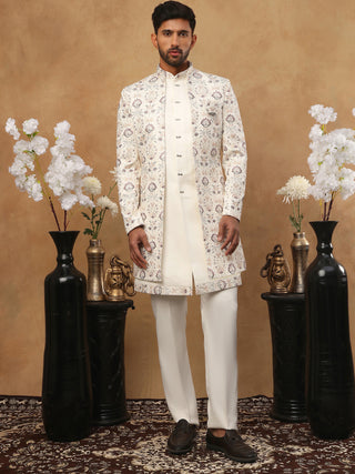 Men's Cream Multi-Color Floral Embroidered Indo Western Set