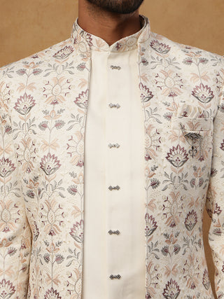 Men's Cream Multi-Color Floral Embroidered Indo Western Set