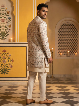 Men Peach Embroidered Indo-Western Set