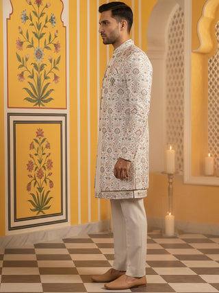 Men Peach Embroidered Indo-Western Set