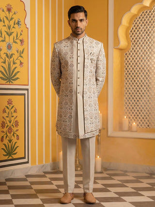 Men Peach Embroidered Indo-Western Set