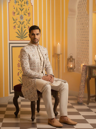 Men Peach Embroidered Indo-Western Set