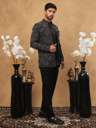 Men's Charcoal Grey Geometric Embroidered Indo-Western Set