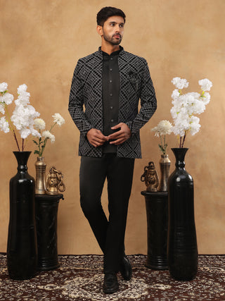Men's Charcoal Grey Geometric Embroidered Indo-Western Set