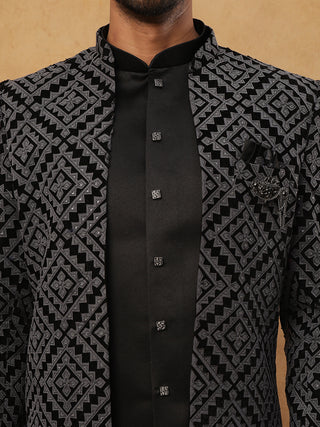 Men's Charcoal Grey Geometric Embroidered Indo-Western Set