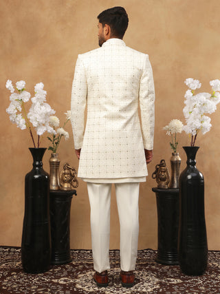Men's Ivory Cream Geometric Sequin Embroidered Indo Western Set