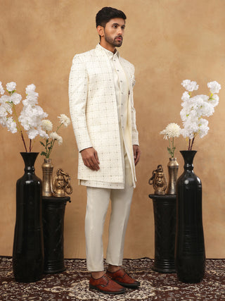 Men's Ivory Cream Geometric Sequin Embroidered Indo Western Set