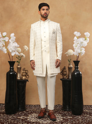 Men's Ivory Cream Geometric Sequin Embroidered Indo Western Set