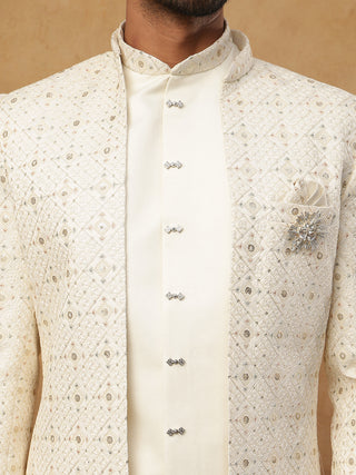Men's Ivory Cream Geometric Sequin Embroidered Indo Western Set