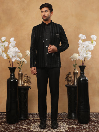 Men's Black Velvet Vertical Sequin Embroidered Indo-Western Set