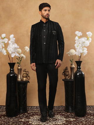 Men's Black Velvet Vertical Sequin Embroidered Indo-Western Set