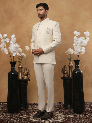 Men's Cream Tonal Floral Embroidered Indo-Western Set
