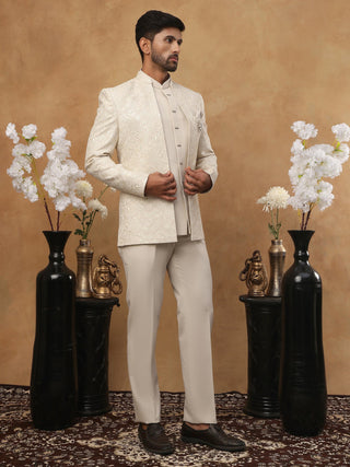 Men's Cream Tonal Floral Embroidered Indo-Western Set