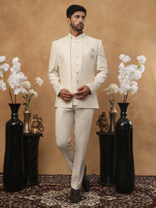 Men's Cream Tonal Floral Embroidered Indo-Western Set