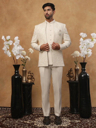 Men's Cream Tonal Floral Embroidered Indo-Western Set