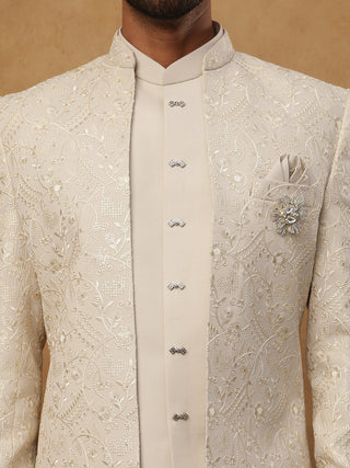 Men's Cream Tonal Floral Embroidered Indo-Western Set