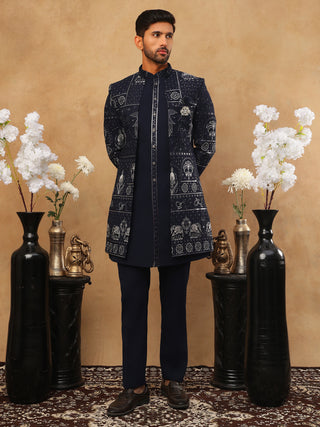 Men's Navy Blue Geometric Embroidered Indo-Western Set