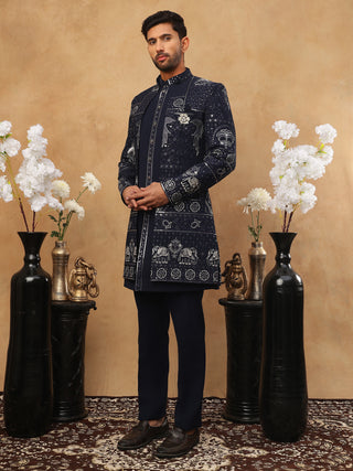 Men's Navy Blue Geometric Embroidered Indo-Western Set