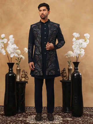 Men's Navy Blue Geometric Embroidered Set