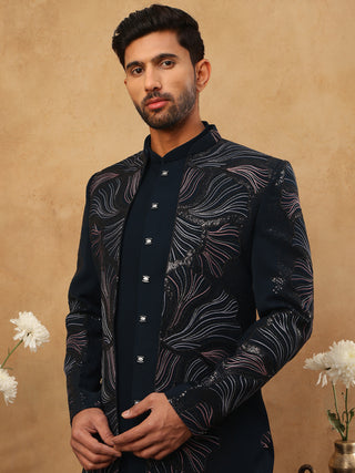 Men's Navy Blue Geometric Embroidered Set