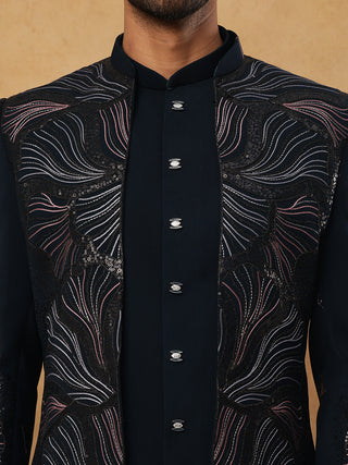 Men's Navy Blue Geometric Embroidered Set