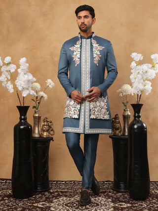 Men's Royal Blue Geometric Embroidered Indo-Western Set