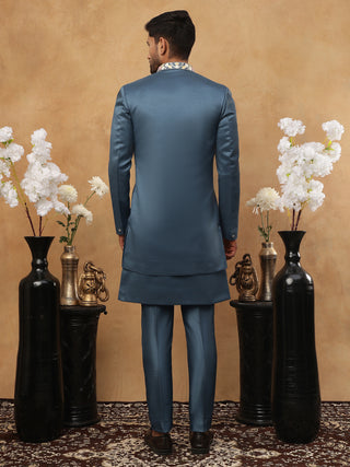 Men's Royal Blue Geometric Embroidered Indo-Western Set