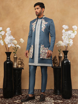 Men's Royal Blue Geometric Embroidered Indo-Western Set