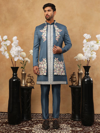 Men's Royal Blue Geometric Embroidered Indo-Western Set