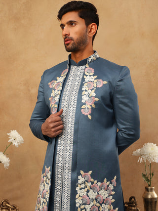 Men's Royal Blue Geometric Embroidered Indo-Western Set
