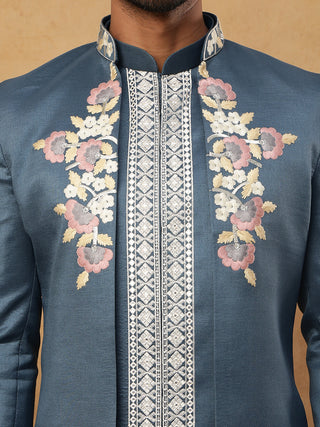 Men's Royal Blue Geometric Embroidered Indo-Western Set