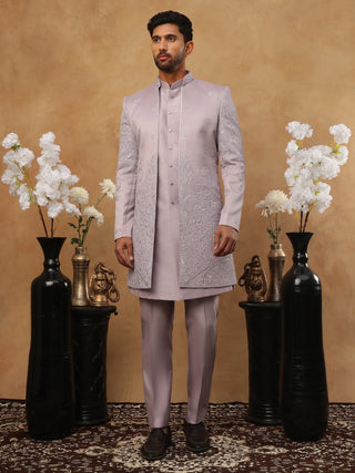 Men's Lavender Floral Embroidered Indo-Western Set