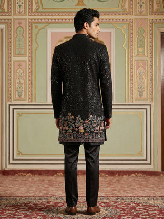 Men's Black Heavily Embroidered Indo-Western Set