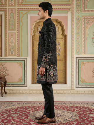 Men's Black Heavily Embroidered Indo-Western Set