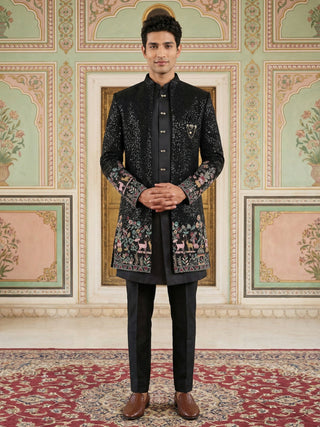Men's Black Heavily Embroidered Indo-Western Set