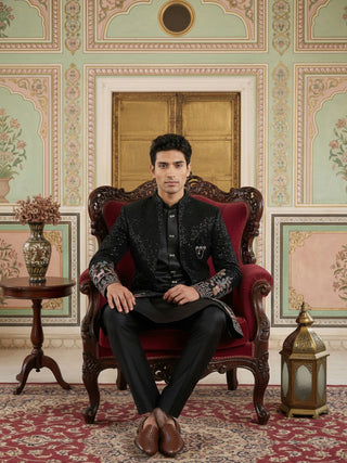 Men's Black Heavily Embroidered Indo-Western Set