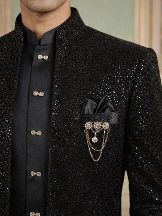 Men's Black Heavily Embroidered Indo-Western Set