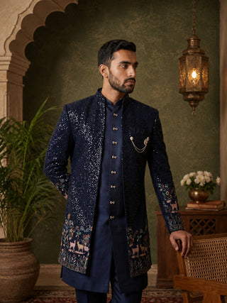 Men’s Navy Blue Heavily Embroidered Indo-Western Set