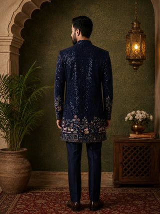 Men’s Navy Blue Heavily Embroidered Indo-Western Set