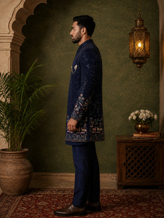 Men’s Navy Blue Heavily Embroidered Indo-Western Set