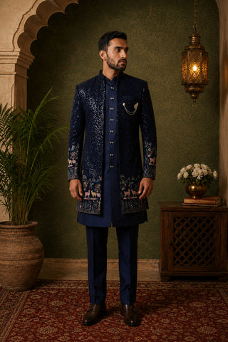 Men’s Navy Blue Heavily Embroidered Indo-Western Set