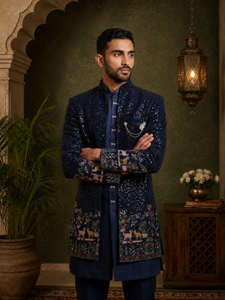 Men’s Navy Blue Heavily Embroidered Indo-Western Set