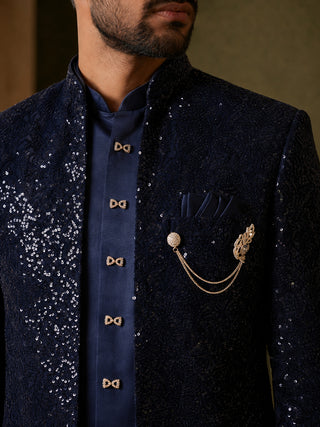 Men’s Navy Blue Heavily Embroidered Indo-Western Set