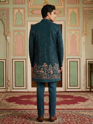 Men's Peacock Blue Heavily Embroidered Indo-Western Set
