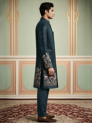 Men's Peacock Blue Heavily Embroidered Indo-Western Set