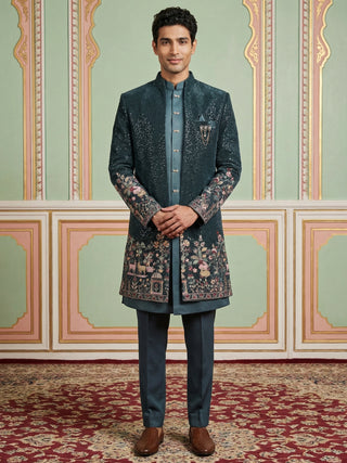 Men's Peacock Blue Heavily Embroidered Indo-Western Set