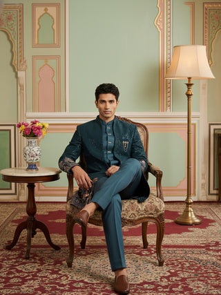 Men's Peacock Blue Heavily Embroidered Indo-Western Set