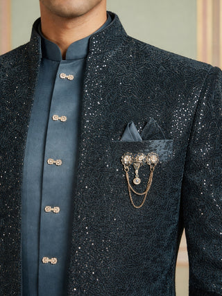 Men's Peacock Blue Heavily Embroidered Indo-Western Set