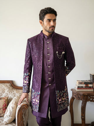 Men’s Purple Heavily Embroidered Indo-Western Set